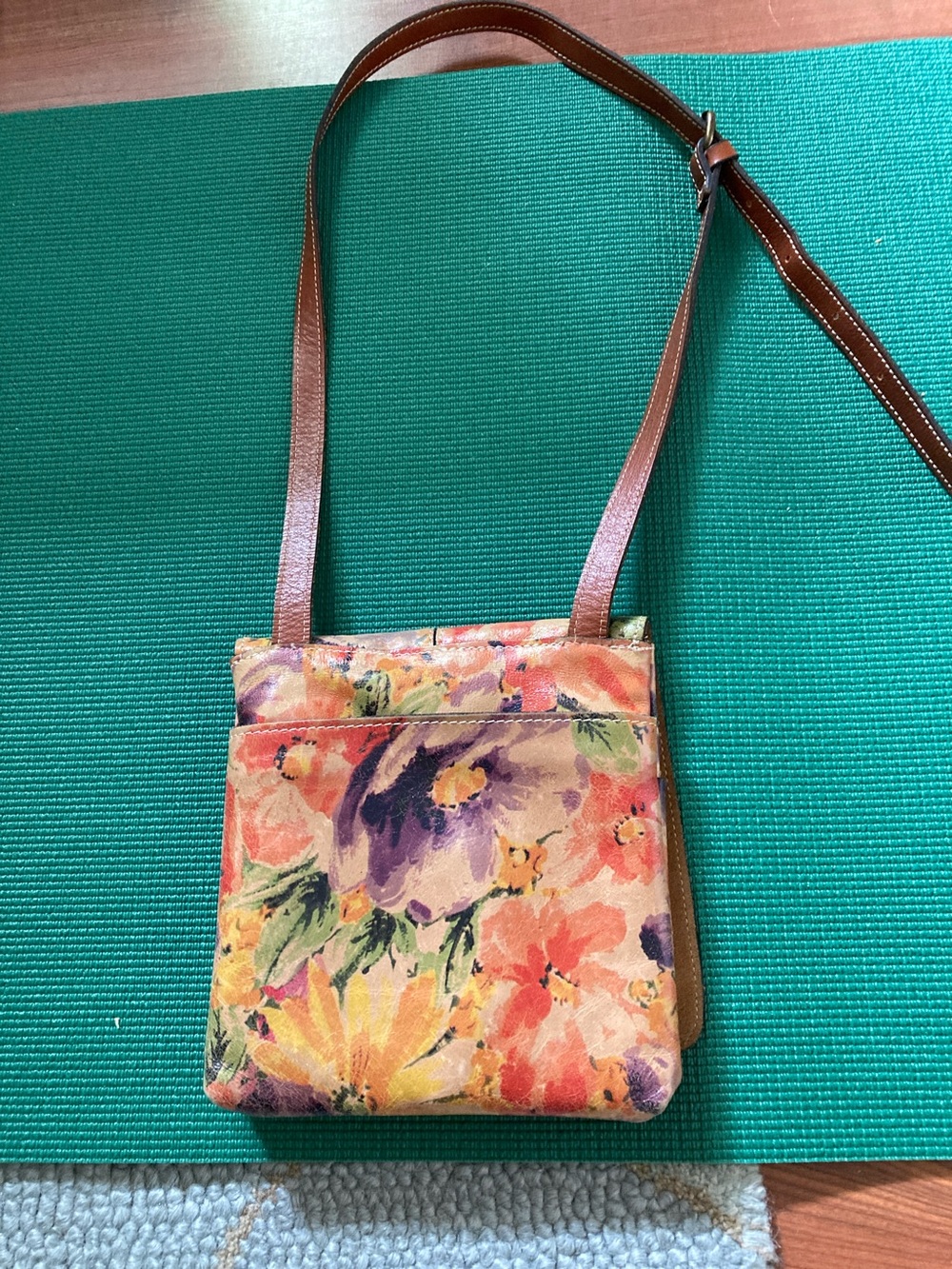 Floral Canvas Crossbody Bag with Brown Strap